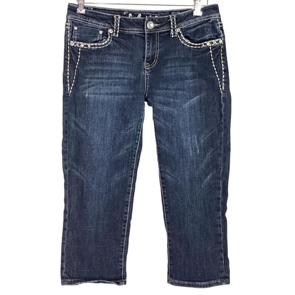 LA Idol Crop Jeans Women 11 JR Blue Denim Capris Stretch Rhinestones Embroidery - Picture 1 of 9